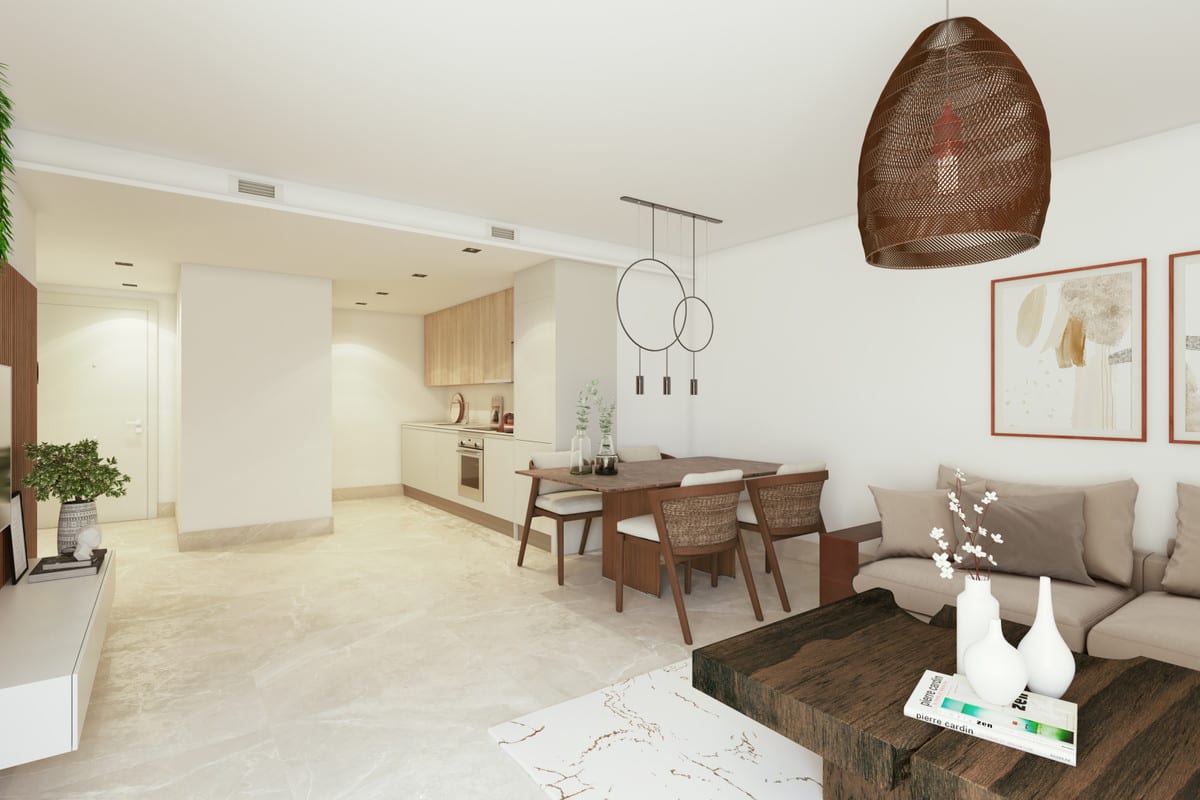 Rendered interior visualisation of FUENTE LIRIOS featuring an open-plan living room, wooden dining table, beige kitchen, sofa and light stone-coloured tiled flooring.