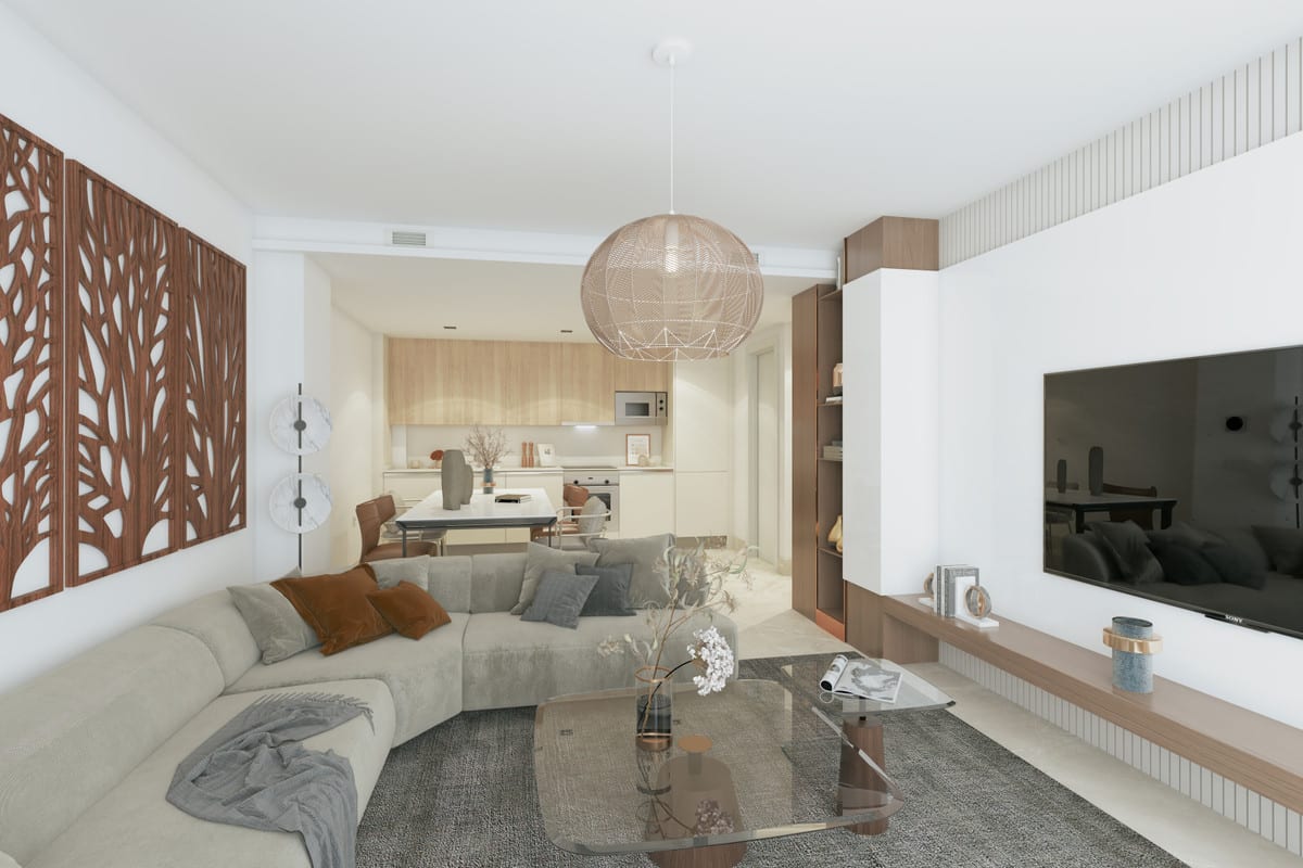 Rendered interior visualisation of FUENTE LIRIOS with a light beige corner sofa, glass coffee table, TV wall unit and open-plan kitchen.