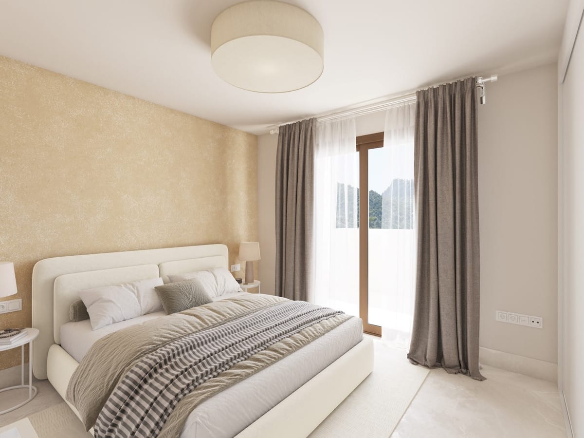 Rendered bedroom visualisation of FUENTE LIRIOS with an upholstered bed, bedside table, textured gold-beige feature wall, grey curtains and a glass door leading outside.