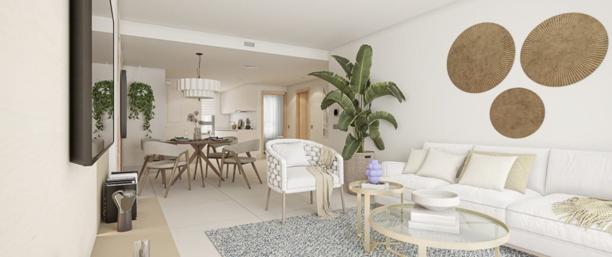 Project visualisation of the interior of GRAND BAY APARTMENTS with a white sofa, white woven armchair, round glass coffee table, round dining table with wooden chairs and a large tropical houseplant.