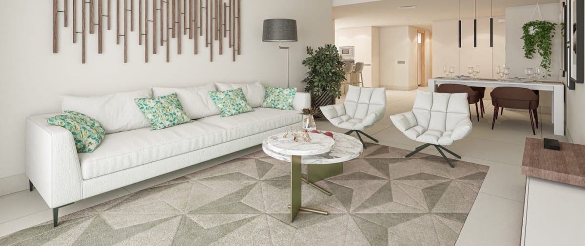 Project visualisation of the interior of GRAND BAY APARTMENTS with a white sofa with green cushions, two white upholstered armchairs, a round marble-look coffee table and a geometric rug.
