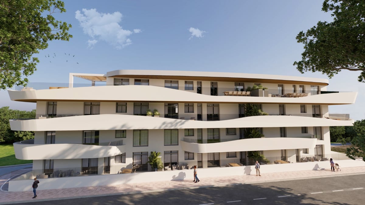 Project visualisation of GREEN MOUNTAIN 1 featuring a cream-coloured building, curved balcony edges, aluminium sliding doors, terraces and surrounding trees.