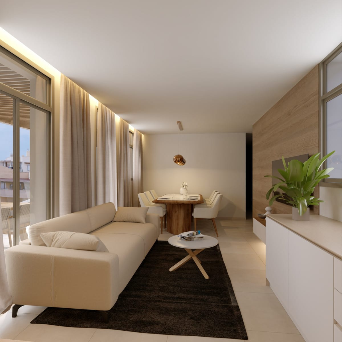 Interior project visualisation of GREEN MOUNTAIN 1 with a cream sofa, dark rug, round coffee table, wooden dining table, cream chairs and a wood-effect wall.