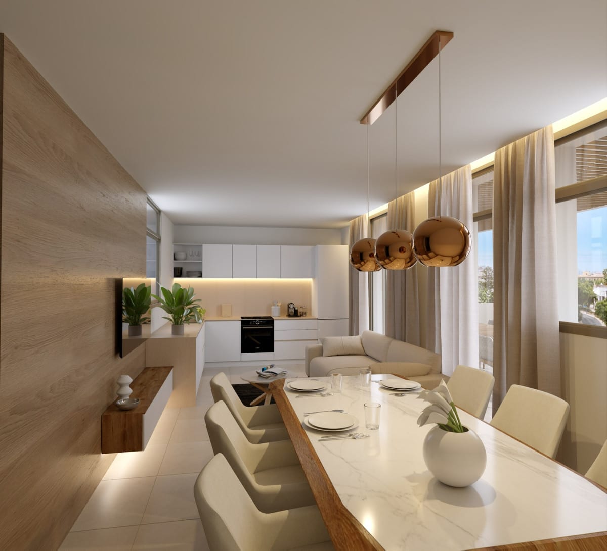 Interior project visualisation of GREEN MOUNTAIN 1 with a dining table featuring a marble-effect top and wooden edge, cream chairs, three copper globe pendant lights and a white open-plan kitchen with a black oven.