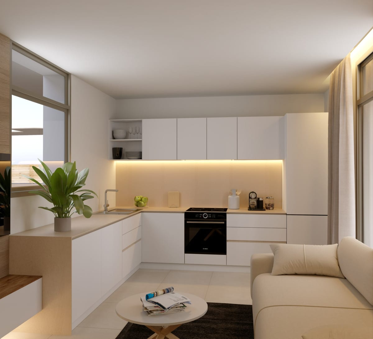 Interior project visualisation of GREEN MOUNTAIN 1 with an L-shaped white kitchen, sand-coloured worktop, LED under-cabinet lighting, black oven and a cream sofa with a round coffee table.