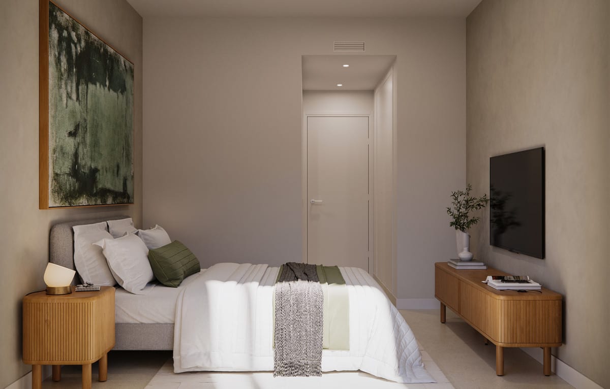 Development visualisation of GREEN VALLEY featuring a bedroom with an upholstered bed, white and green bedding, a rounded wooden bedside table with a lamp, a large green abstract painting, a wooden TV unit with a flatscreen television and a plant.