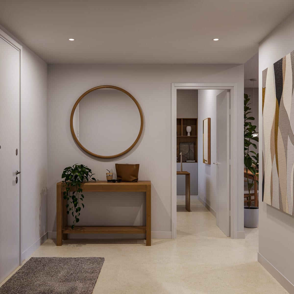 Development visualisation of GREEN VALLEY featuring a hallway with a round mirror in a wooden frame, a wooden console table with a plant and bag, light flooring, a grey rug and an open door leading to an adjoining room.