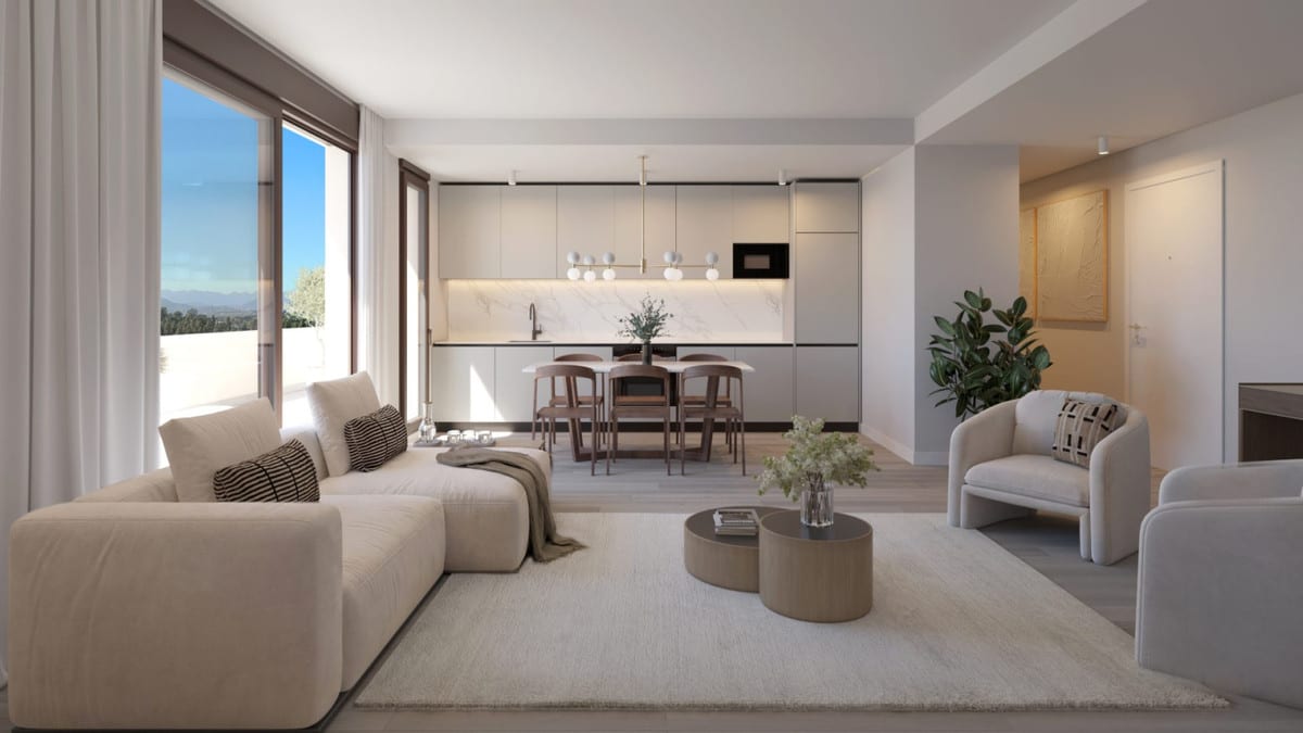 Interior visualisation of GREENITY featuring a beige sofa, two nested round coffee tables, a light armchair, a dining area with dining chairs and a light grey kitchen wall with a marble-effect splashback.