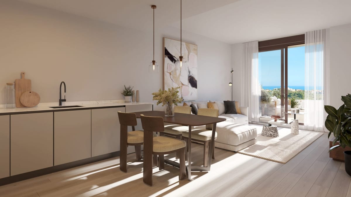 Interior visualisation of GREENITY featuring an open kitchen unit on the left, a dark dining table with four chairs, a white seating area and large sliding glass doors leading to a sunny outdoor area.