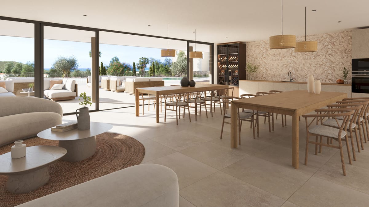 Interior visualization of GREENITY with a spacious open living area, two wooden dining tables, chairs, a kitchen with island and wine rack, botanical wallpaper and wide glass sliding doors to a terrace.