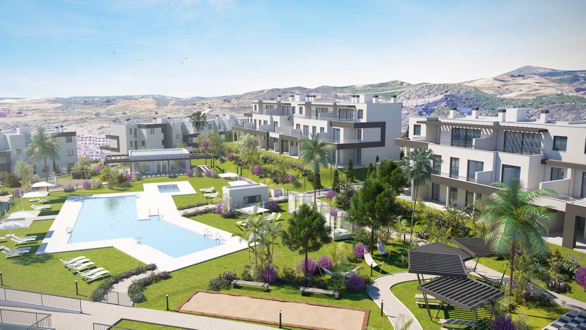 Overview of Habitat Valle Romano with swimming pool, gardens and surrounding hills