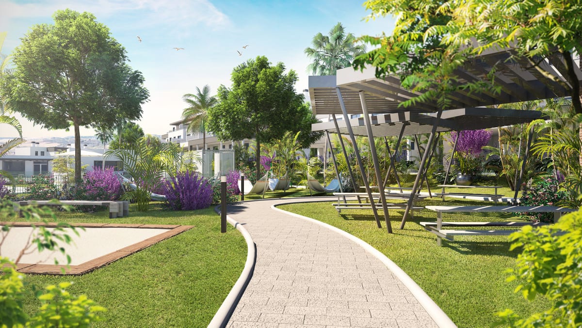 Communal garden with footpath and pergolas at Habitat Valle Romano