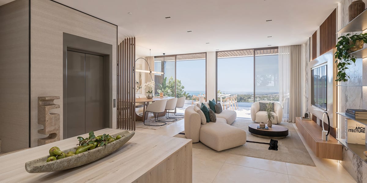Project visualisation of HAIKU RESIDENCES with a kitchen worktop in the foreground, living room, dining area, wooden partition wall and large glass doors.