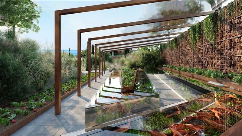 Project visualisation of HIGUERON NORTH RESIDENCES with rust-coloured pergola beams, planted beds, paths and reflecting water features.
