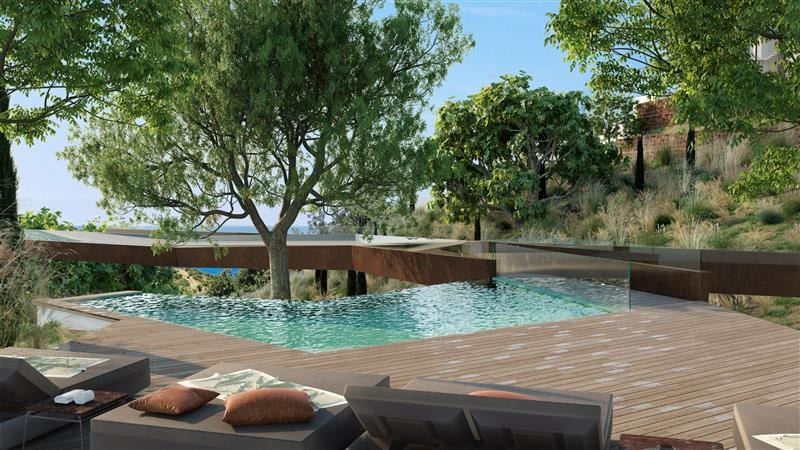 Project visualisation of HIGUERON NORTH RESIDENCES with a wooden sun terrace, loungers and a swimming pool surrounded by trees.