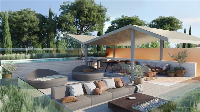Project visualisation of HIGUERON NORTH RESIDENCES with an outdoor lounge, rounded seating and a covered dining area beside the pool.