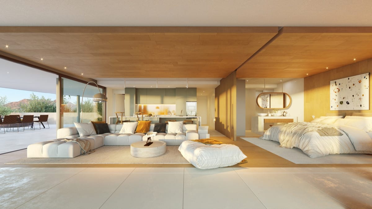 Rendered interior visualisation of HIGUERON SOUTH RESIDENCES with a bed, seating area, open-plan kitchen, wooden ceiling and glazed sliding doors.