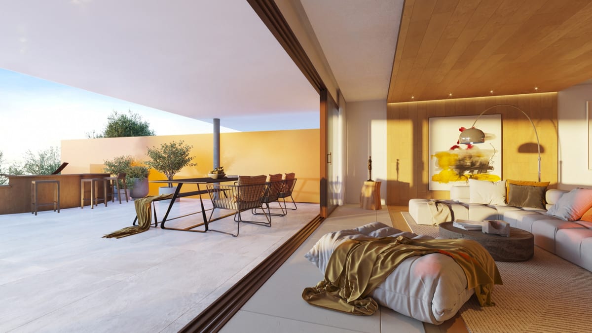 Rendered interior visualisation of HIGUERON SOUTH RESIDENCES with a seating area, upholstered footstool, wall art and a terrace with a dining table.