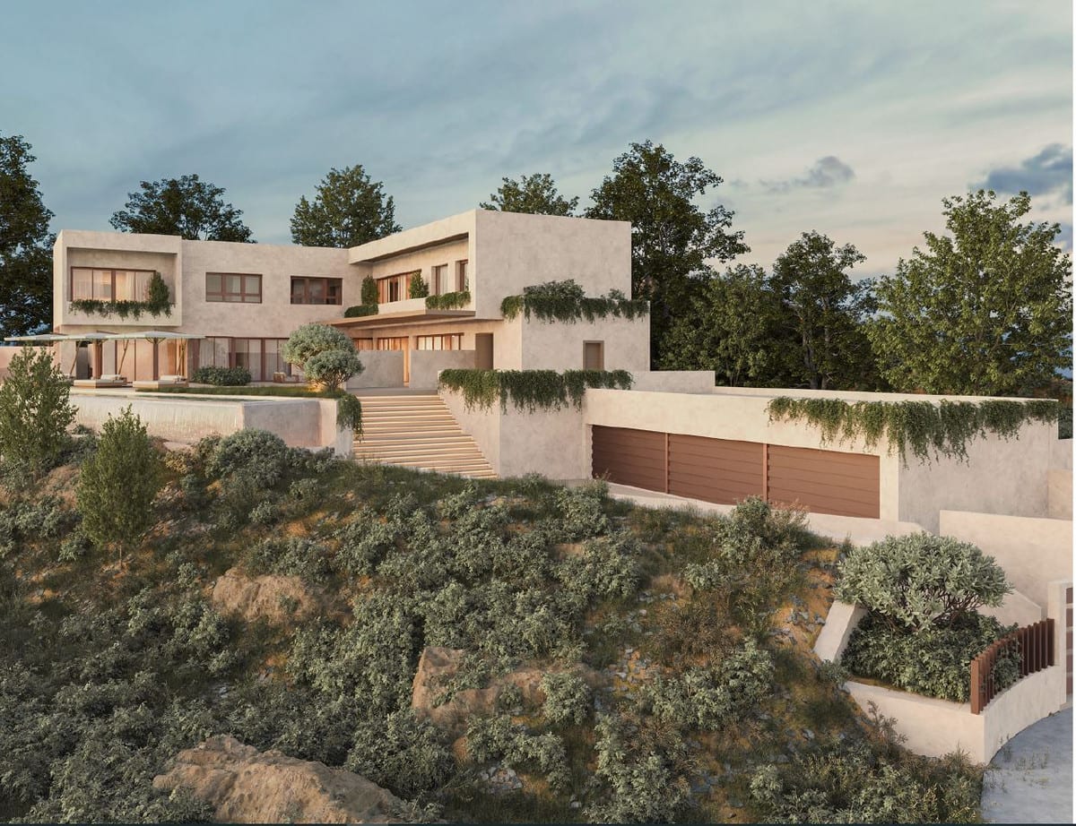 Exterior visualisation of the villa with broad steps, garage doors and planting on the slope.