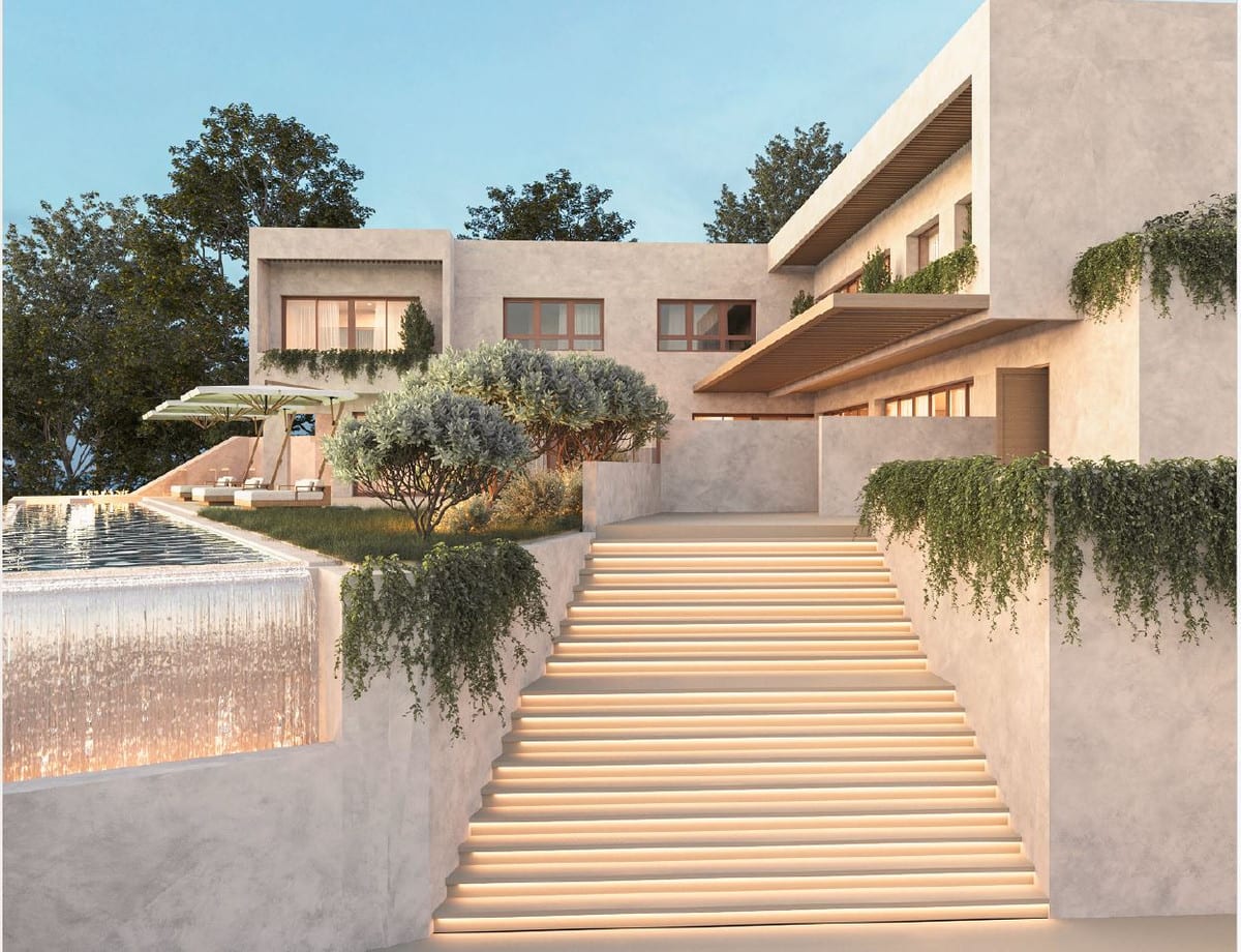 Visualisation of illuminated outdoor steps beside the swimming pool and planted terraces.