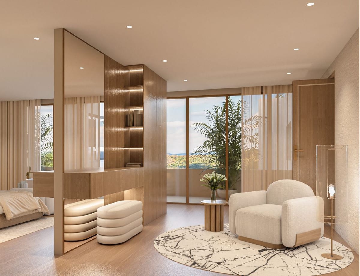 Bedroom interior visualisation with a sitting area, wooden shelving and glazed doors.
