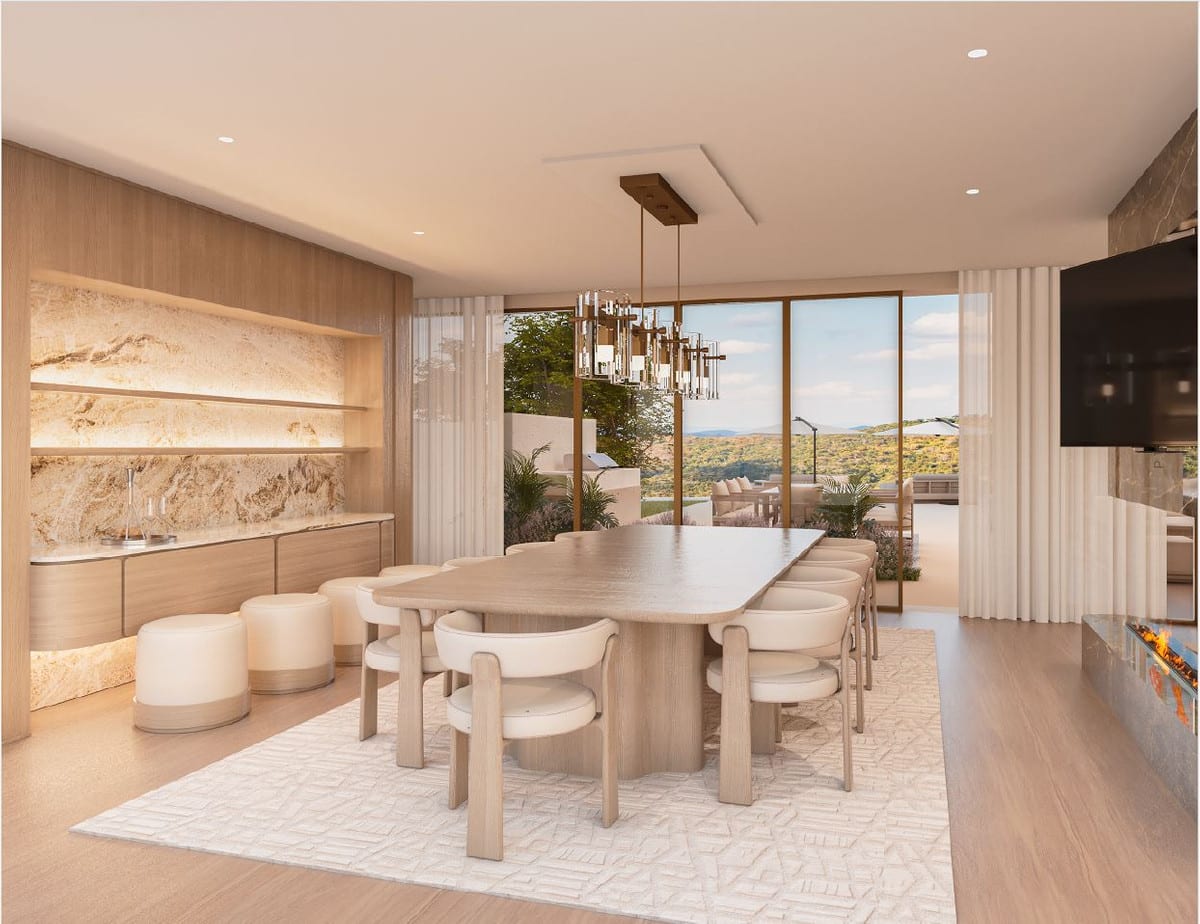 Dining room visualisation with a large table, illuminated shelving and a fireplace.