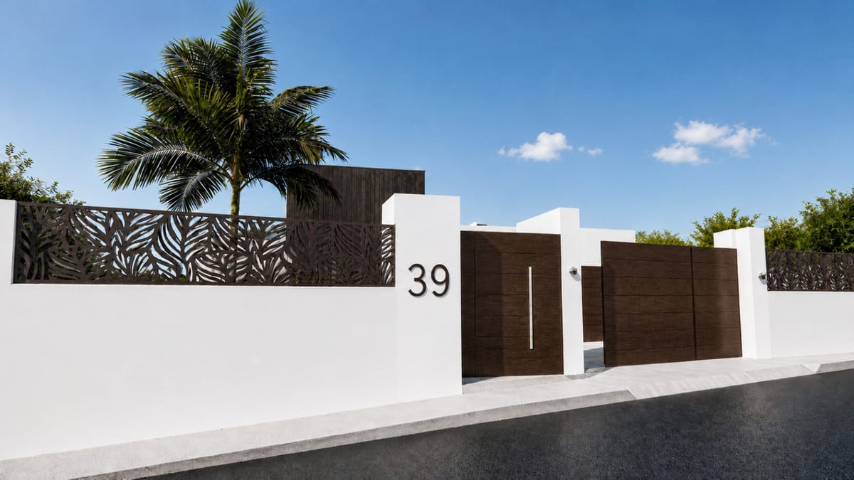 Rendered entrance with a white wall, dark gates and decorative leaf-pattern screens.