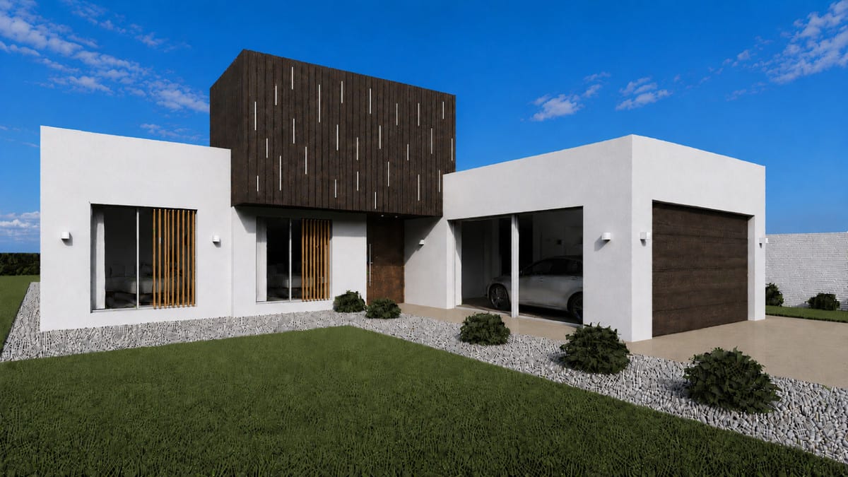Daytime exterior render with white volumes, a dark upper section and blue sky.