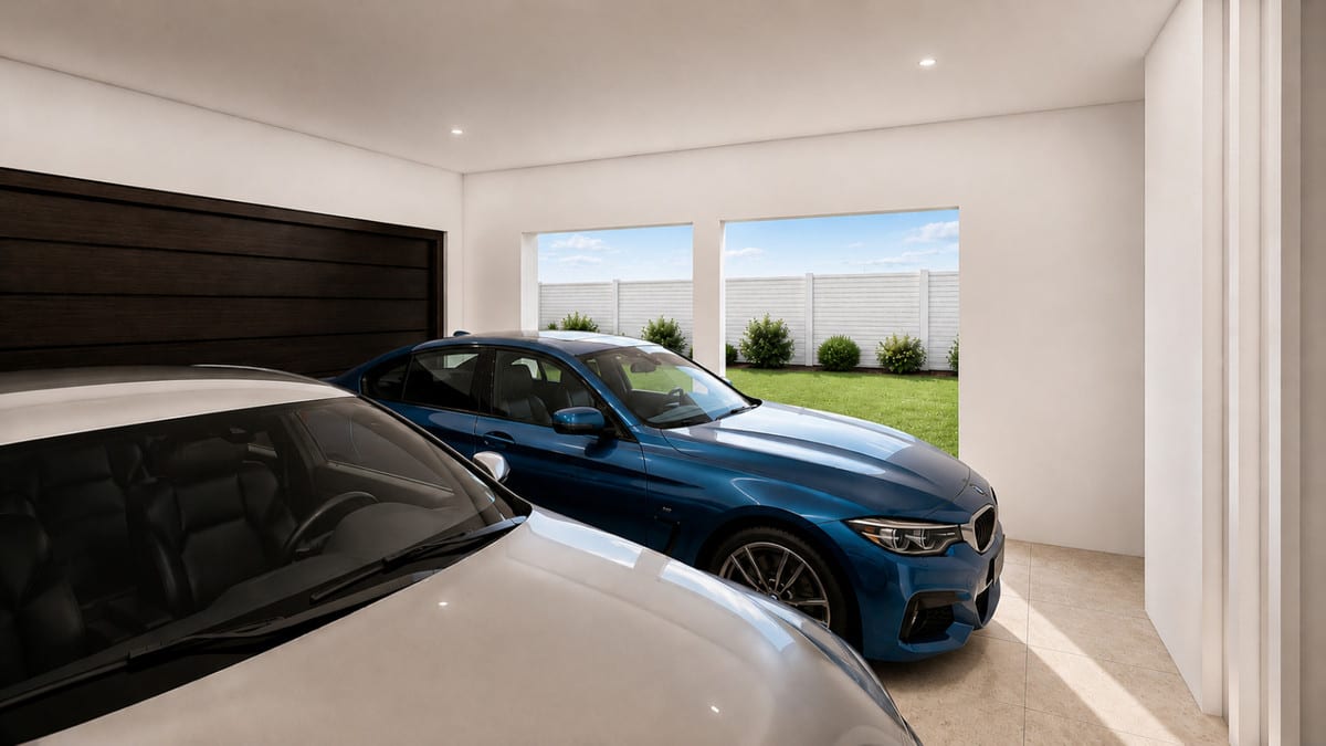 Rendered garage showing two cars and windows overlooking a green strip.