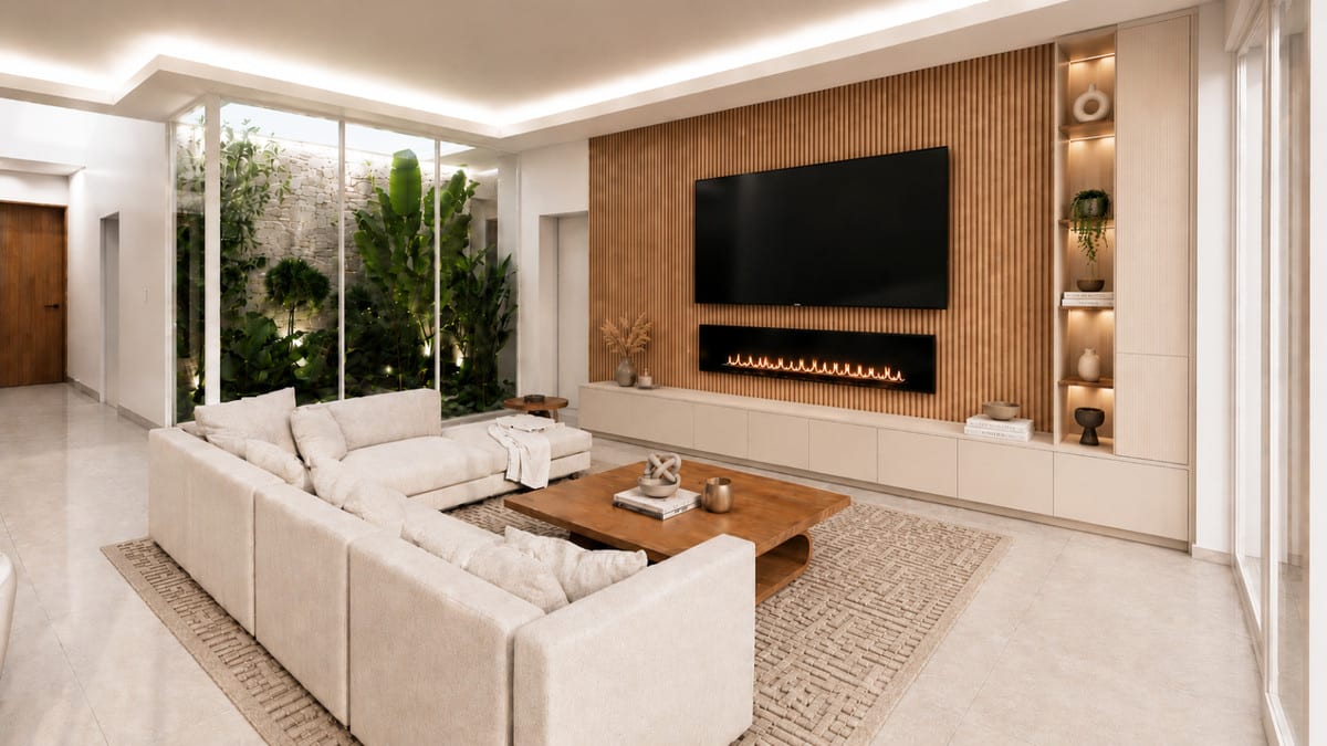 Rendered living room with a slatted feature wall, linear fireplace and greenery behind glass.