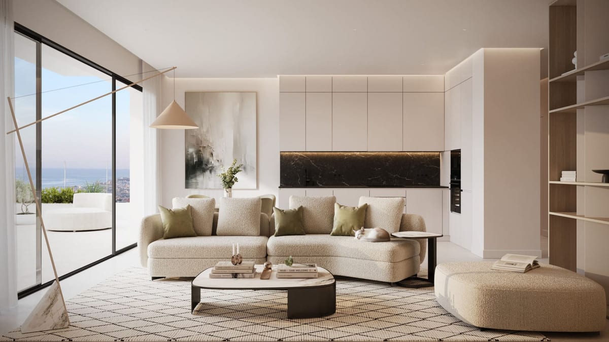 Project visualisation of HORIZONTE VILLAGE - THE RESIDENCES featuring a cream bouclé sofa, an open-plan kitchen with a dark marble splashback, open shelving and a large sliding glass door.