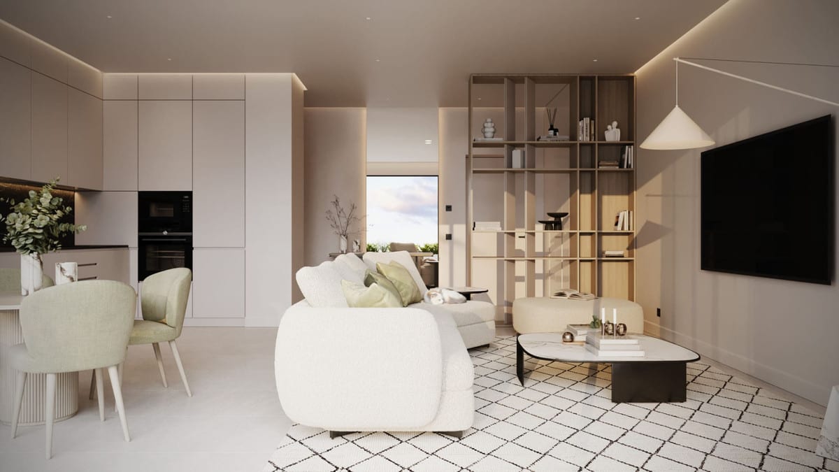 Project visualisation of HORIZONTE VILLAGE - THE RESIDENCES featuring a dining area with green chairs, a white bouclé sofa, open wooden shelving, a wall-mounted television and a kitchen with white cabinets and built-in ovens.