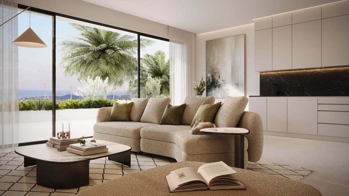 Project visualisation of HORIZONTE VILLAGE - THE RESIDENCES featuring a bouclé sofa, oval coffee table, kitchen with a dark marble splashback and a large sliding glass door with a palm tree outside.
