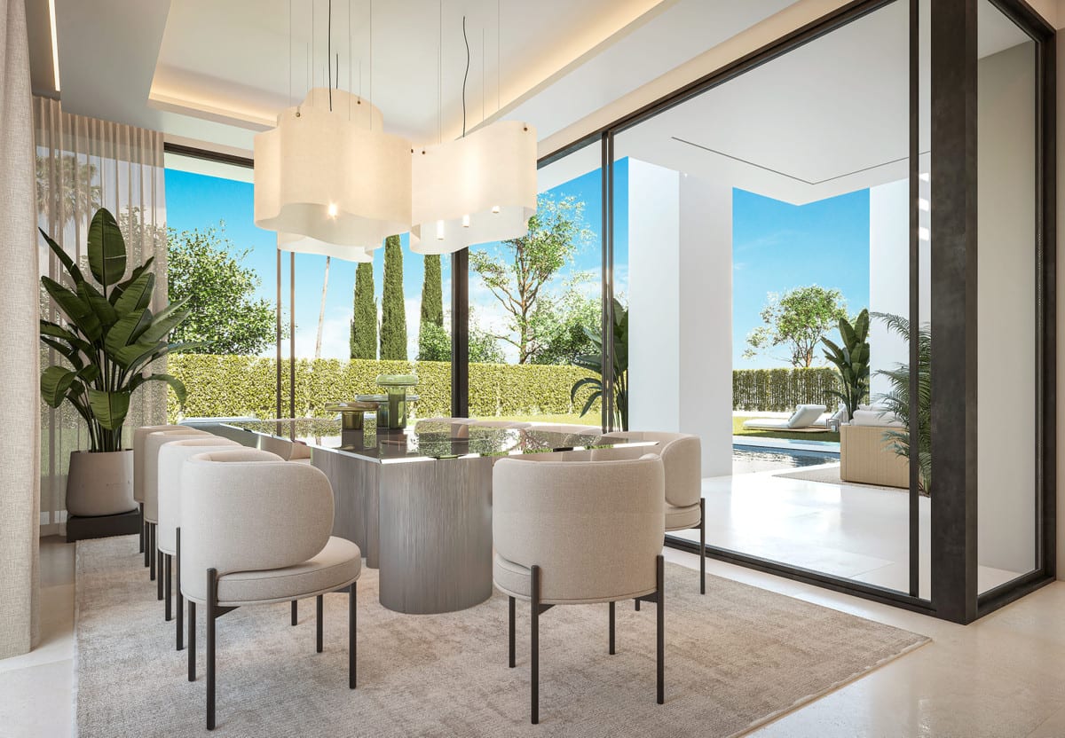 Dining area visualisation with pendant lights and glazed doors towards the terrace and pool.