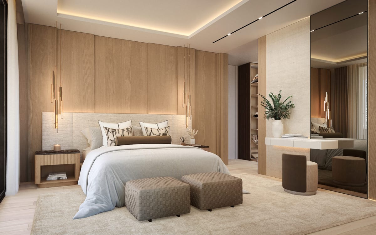 Bedroom visualisation with wooden wall panels, pendant lights and a dressing table.