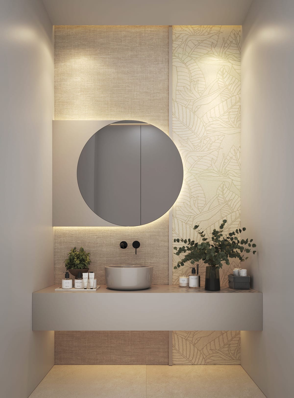 Visualisation of a washbasin with a round mirror and illuminated decorative wall panels.