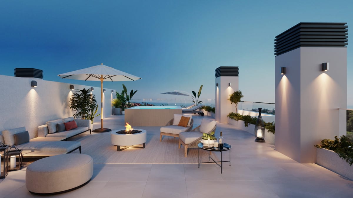 Development visualisation of INSUR SCALA with a spacious tiled roof terrace, lounge sofa, round fire table, armchair, parasol, potted plants, wall lighting and a small pool in the background.