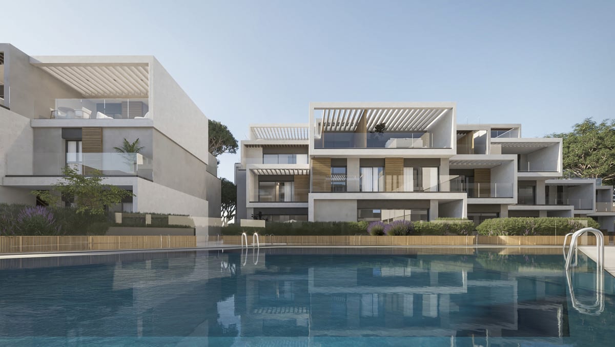Project visualisation of ISLA BELA with a swimming pool in the foreground, light façades, pergolas and glass balustrades.