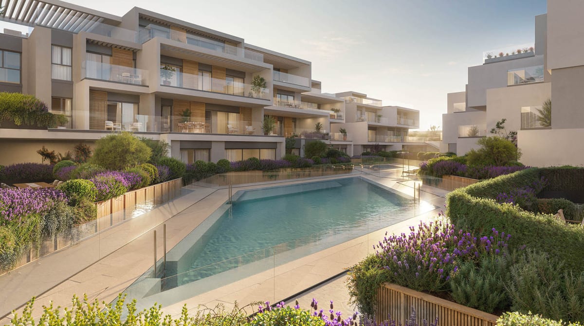 Project visualisation of ISLA BELA with a central swimming pool, terraces with glass screens and borders of purple flowers in warm backlighting.