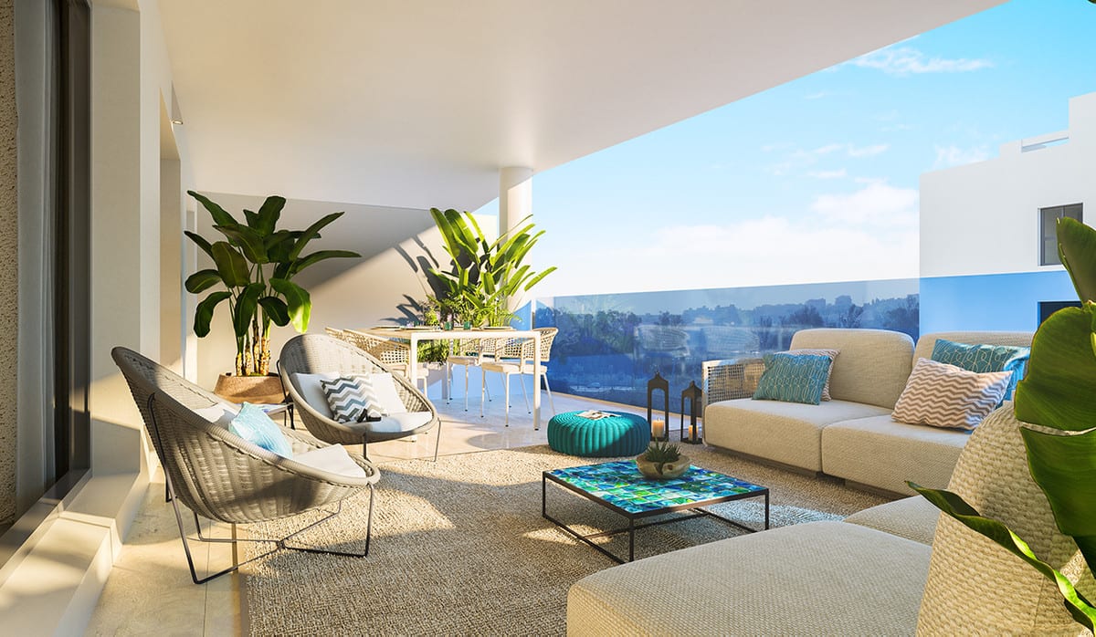 Rendered project visualisation of JARDINES DE LAS LAGUNAS FASE II featuring a covered terrace, glass balustrade, rattan chairs, lounge sofa with turquoise cushions and large tropical plants.