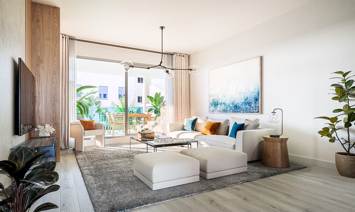 Rendered interior visualisation of JARDINES DE LAS LAGUNAS FASE II featuring a bright living room, light-grey corner sofa with ottomans, wooden wall panel with television, pendant light with glass globes and sliding doors to a terrace.