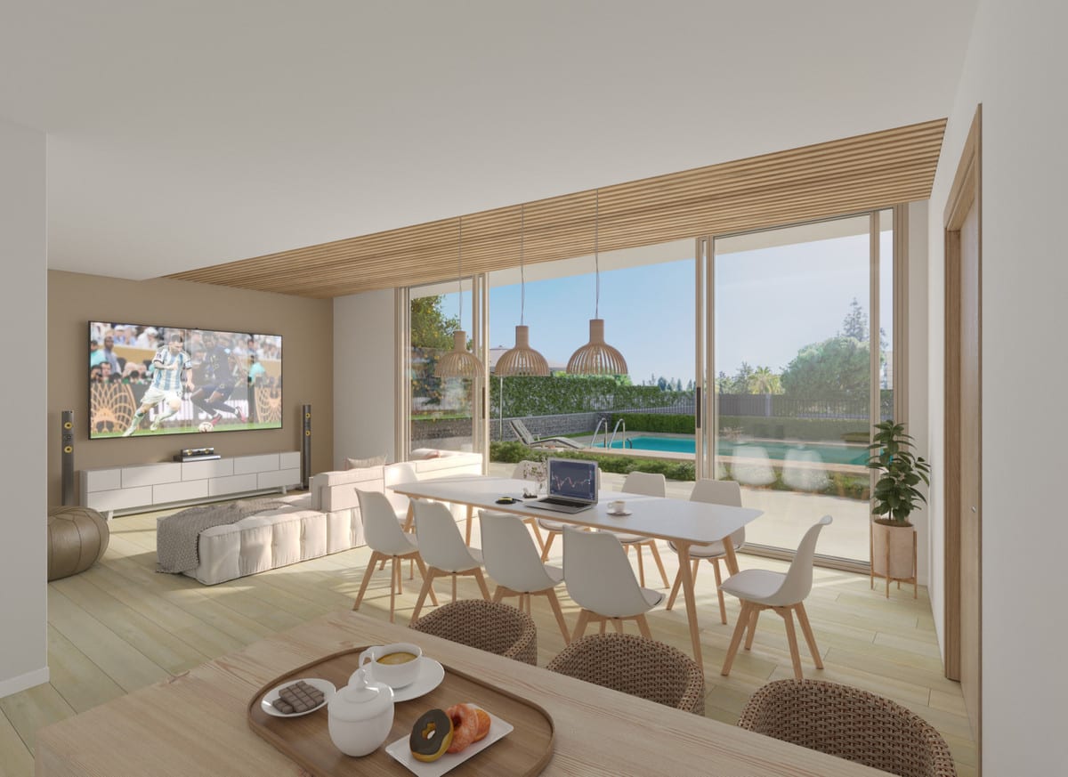 Rendered interior visualisation of KOOL HOMES with a large dining table, seating area, wooden ceiling slats and glass sliding doors overlooking a garden and swimming pool.