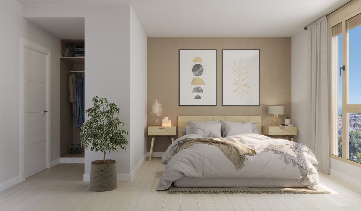 Rendered bedroom visualisation of KOOL HOMES with a double bed, wooden bedside tables, two framed artworks on the wall, a walk-in wardrobe behind an open doorway and a window with outdoor views.