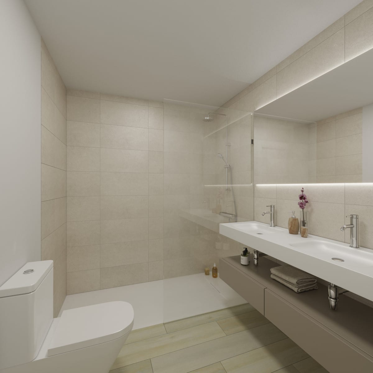 Rendered bathroom visualisation of KOOL HOMES with a walk-in shower, double washbasin on a floating vanity unit, wide mirror with indirect lighting and a toilet.