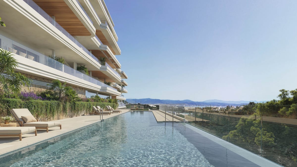 Project visualisation of KOSMOS with a long swimming pool, sun loungers, glass fencing and planted façade terraces.