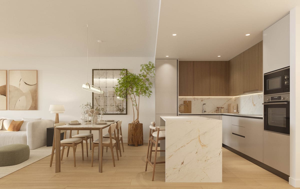 Project visualisation of KOSMOS with an open-plan kitchen, marble-look kitchen island, wooden upper cabinets, light-grey lower cabinets, dining area and seating area.