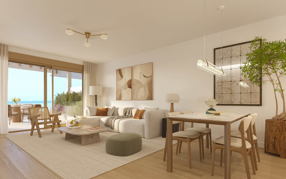 Project visualisation of KOSMOS with a living room, marble-look dining table, light-coloured sofa, wooden floor and open sliding doors to the terrace.