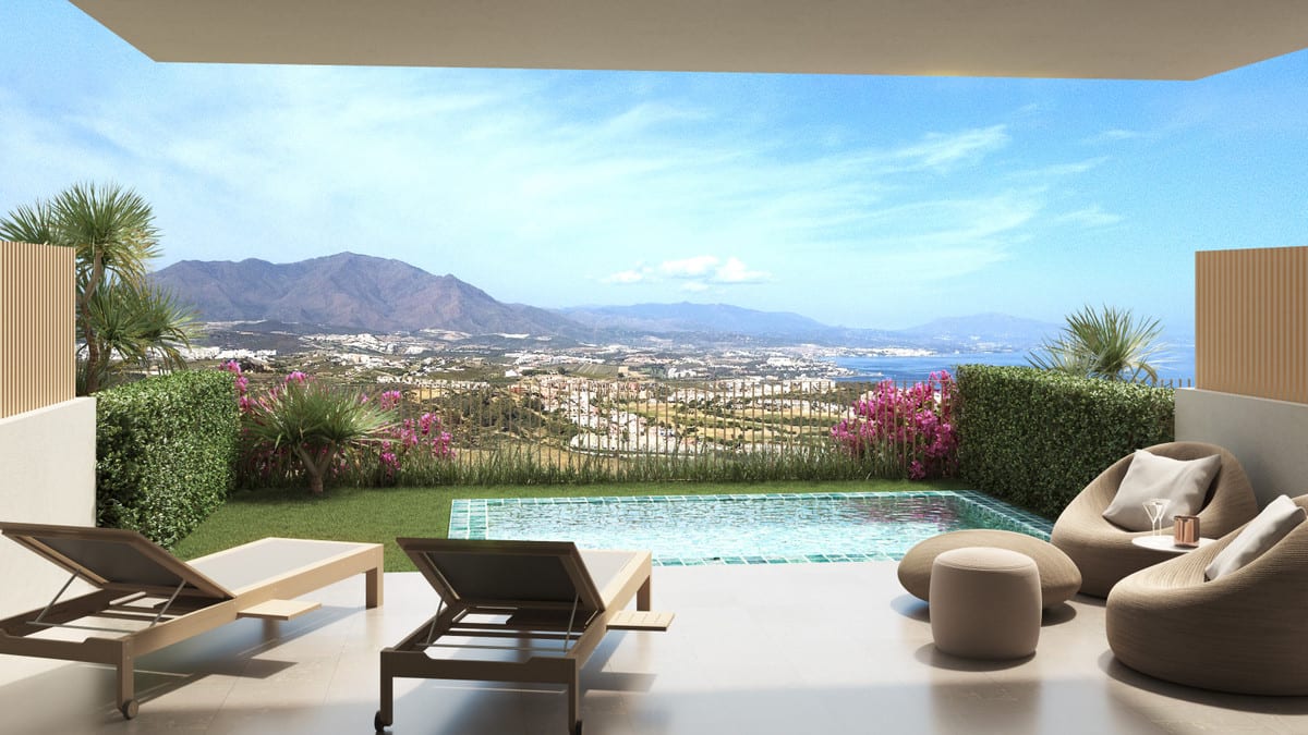 Rendered project visualisation of KRISTINA VIEWS featuring an open terrace, two sun loungers, a round armchair with footstool and a compact swimming pool, with a panorama of mountains, buildings and water in the background.