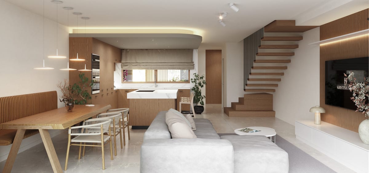 Rendered interior visualisation of KRISTINA VIEWS with a wooden dining table, bench seating and chairs, an open kitchen with island and light-coloured worktop, a light grey sofa, wooden TV wall with integrated lighting and a cantilevered wooden staircase with metal balusters.