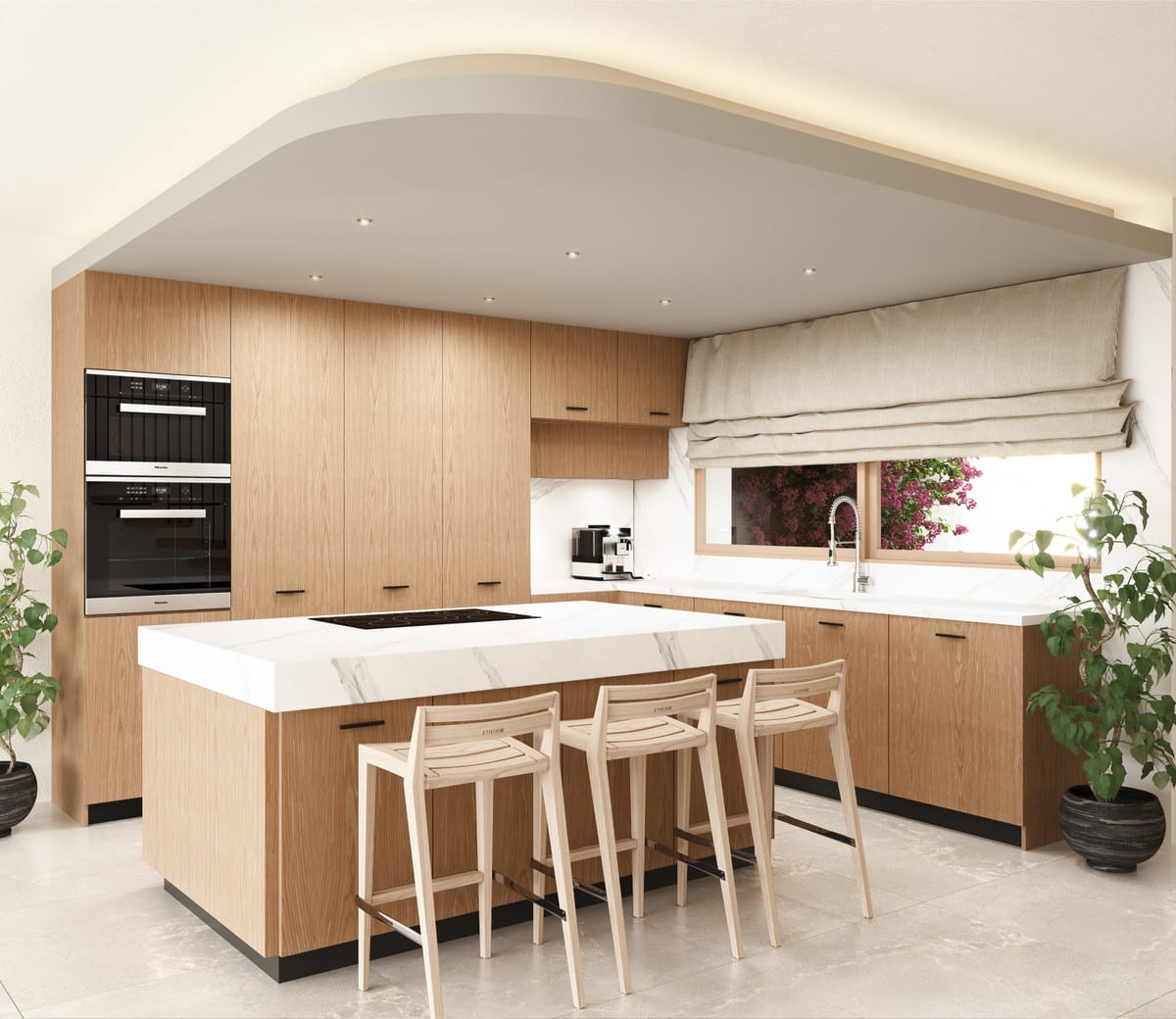 Rendered kitchen visualisation of KRISTINA VIEWS with wooden cabinets, two built-in ovens, a white marble-effect kitchen island with induction hob, three wooden bar stools, a white marble-effect worktop and a window with a Roman blind.
